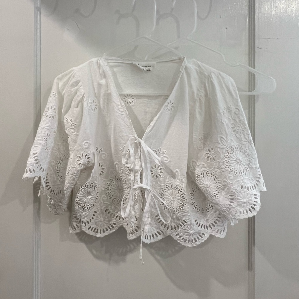 Anthropologie White Embroidery Tie Blouse